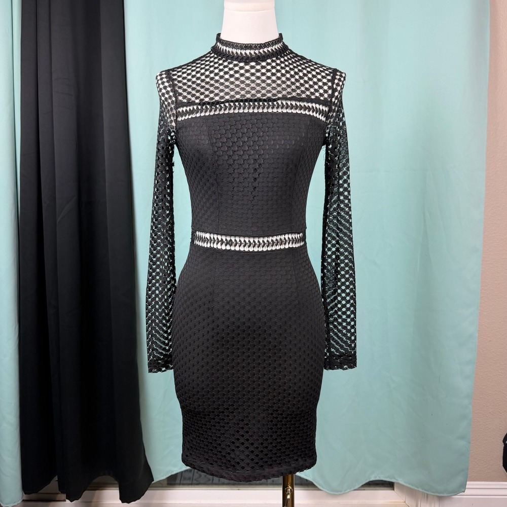 Lace Bodycon Mini Dress Black 6 Cocktail Party Mock Neck Mesh Homecoming